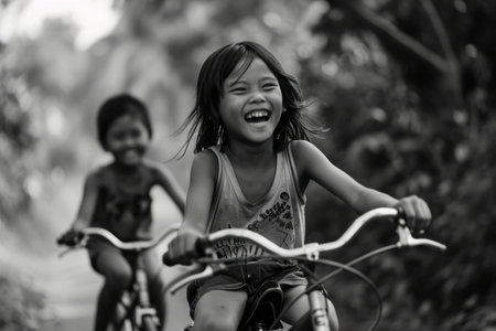 Two joyful children riding bicycles on a rural path, captured in black and white, expressing happiness and freedom.の素材
