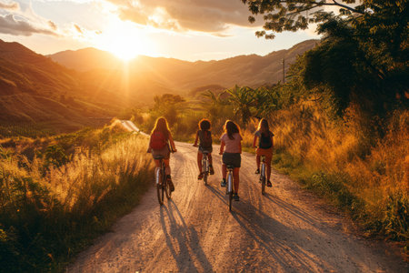 Group of cyclists on a rural path at sunset, with warm golden light casting long shadows.の素材