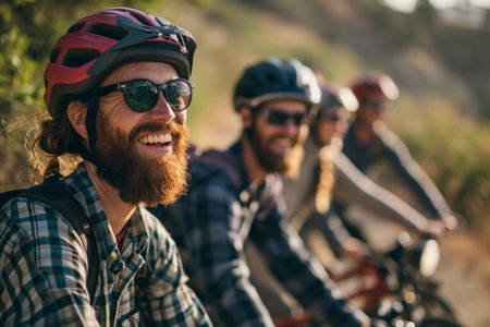 Group of happy cyclists with helmets resting outdoors, enjoying a sunny day.の素材