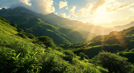 Sunrise over lush green mountains with light rays piercing through the foliage.の素材