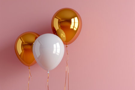 Three balloons with a glossy finish, two golden and one white, against a soft pink background.の素材