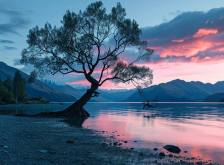 Solitary tree on a lakeshore at dusk with vibrant pink and blue sky reflecting on calm water, serene mountain backdrop.の素材