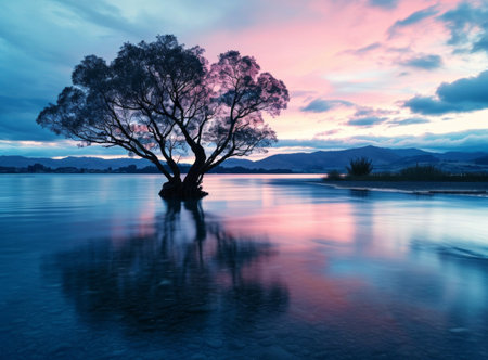 Solitary tree in water at twilight with colorful sky reflections.の素材