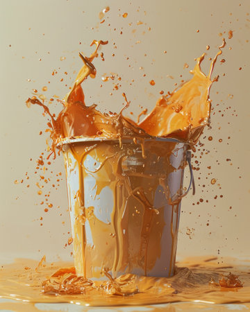 Dynamic splash of orange paint from a bucket on a beige background, capturing movement and vibrant color.の素材