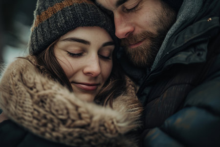 Couple embracing in winter clothing, sharing a tender moment with eyes closed, conveying warmth and affection.の素材
