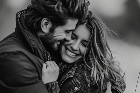 Black and white image of a joyful couple embracing and laughing together outdoors.の素材