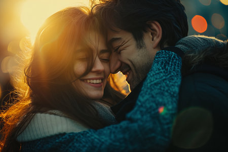 Close-up of a happy couple embracing and smiling, with warm sunlight and bokeh lights in the background.の素材