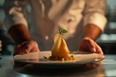 Chef presenting a gourmet dish with a pear dessert on a plate, fine dining concept.の素材