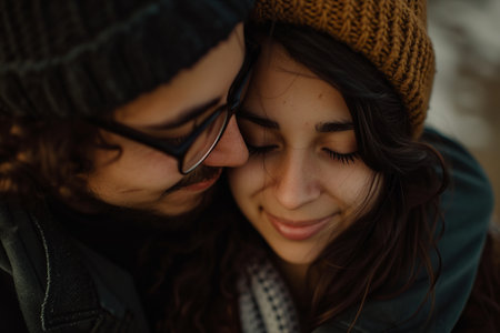 Close-up of a romantic couple embracing, wearing winter hats and smiling with affection.の素材