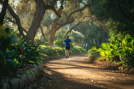 Man jogging on a serene forest path with sunlight filtering through trees, depicting health and nature.の素材