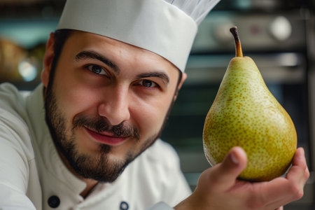 Smiling male chef in white hat presenting a fresh pear in the kitchen.の素材