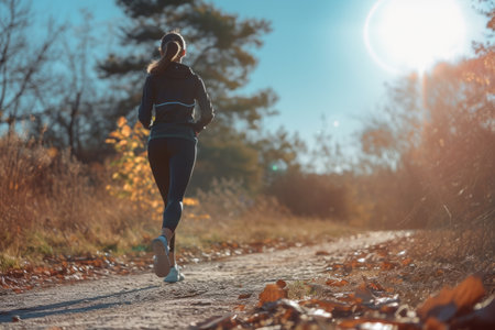 Woman jogging on a forest path during autumn with sunlight flaring through the trees.の素材