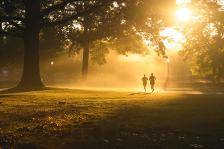 Two people jogging in a misty park at sunrise with sunbeams filtering through the trees.の素材