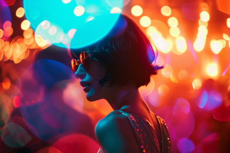 Silhouette of a stylish woman at a party with colorful bokeh lights in the background.の素材