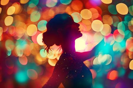 Silhouette of a woman against a vibrant bokeh light background, depicting joy or celebration.の素材