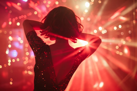 Woman enjoying a party with colorful lights and bokeh effect.の素材
