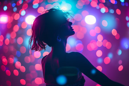 Silhouette of a woman dancing, colorful bokeh lights background.の素材