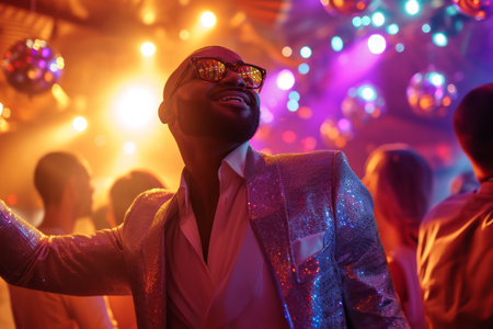Elegant man enjoying party in club with colorful lights and disco balls, festive atmosphereの素材