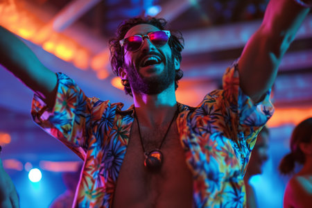 Joyful man dancing at a vibrant party with colorful lights and a festive atmosphere.の素材