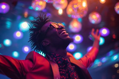 Joyful man dancing at a party with colorful lights and disco balls in the background.の素材