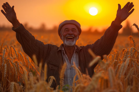 Senior man with arms raised in a wheat field at sunset, expressing joy and freedom.の素材