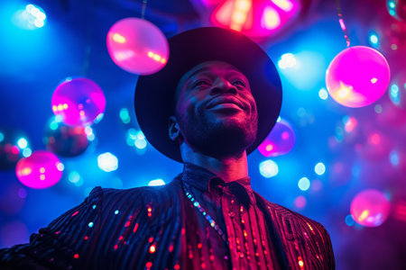 Man enjoying a vibrant party atmosphere with colorful lights and disco balls in the background.の素材