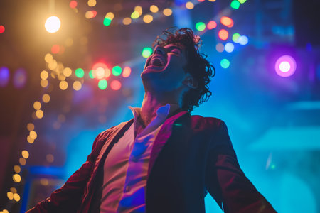 Man enjoying a concert at night with colorful stage lights in the background.の素材