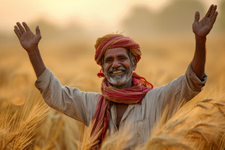 Joyful farmer raising hands in golden wheat field at sunset.の素材