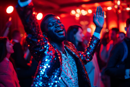 Joyful person dancing at a party with colorful lights and people in the background.の素材