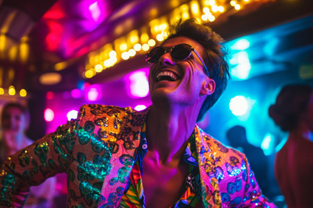 Joyful person dancing in a club with colorful lights and festive atmosphere.の素材