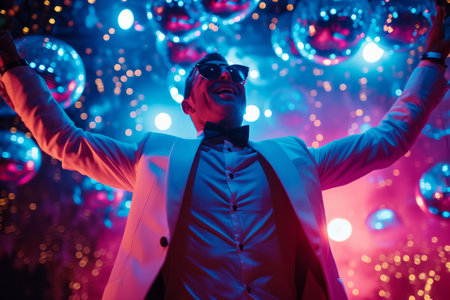 Man in suit enjoying party with colorful lights and bubbles. Vibrant nightlife and celebration concept.の素材