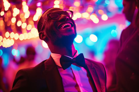 Elegant man laughing joyfully at a vibrant party with colorful lights in the background.の素材