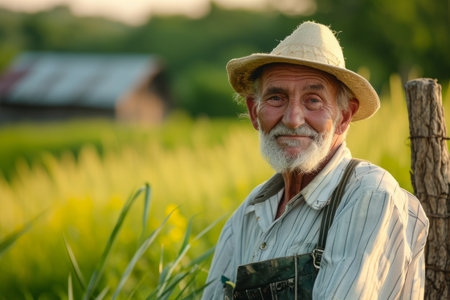 Smiling elderly farmer in overalls and straw hat leaning on a fence with green fields in the background.の素材