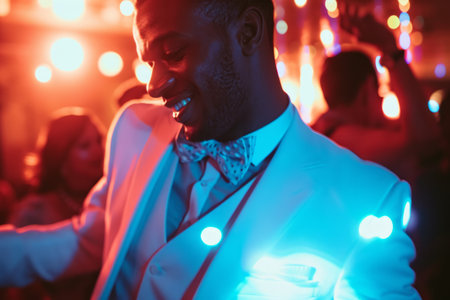 Elegant man laughing at a party with colorful lights in the background.の素材