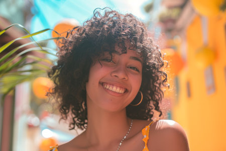 Portrait of a cheerful young woman with curly hair smiling outdoors with a colorful blurred background.の素材