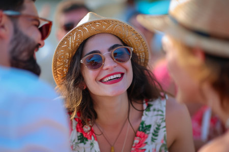 Joyful young woman in sunglasses and straw hat laughing with friends at a summer gathering.の素材