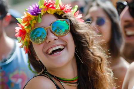 Joyful young woman with flower crown and sunglasses laughing at a summer festival.の素材
