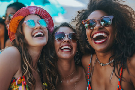 Three joyful young women with sunglasses enjoying a summer festival.の素材