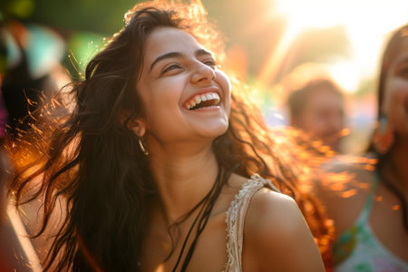 Joyful young woman laughing with sun flare, outdoor festival vibeの素材