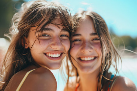 Two joyful young girls smiling and embracing on a sunny beach day, portraying friendship and happiness.の素材