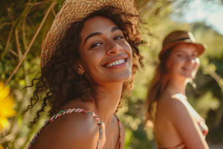 Happy young woman with summer hat smiling outdoors with a blurred man in the background.の素材