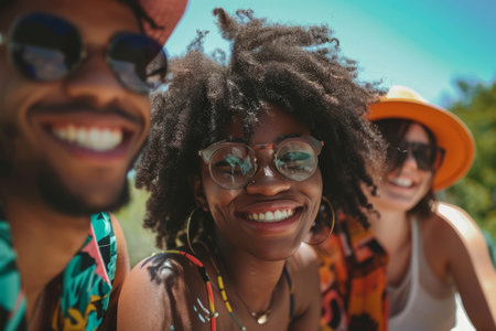 Group of joyful friends enjoying a sunny day outdoors, with focus on a smiling woman with sunglasses in the foreground.の素材