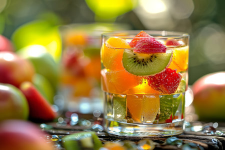 Two glasses of fresh fruit salad on a bokeh background.の素材