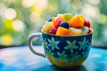 Colorful fruit salad in a decorative blue cup with a blurred green background.の素材