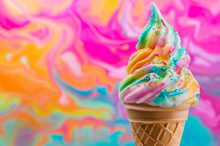 Colorful unicorn ice cream cone on a vibrant abstract background.の素材
