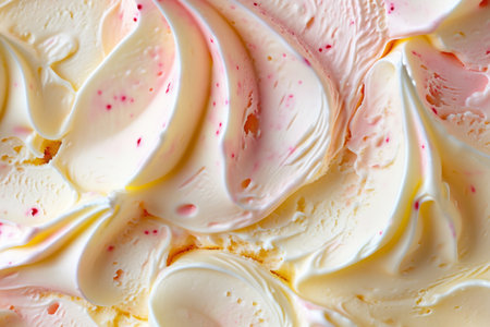 Close-up texture of swirled pink and white ice cream with colorful sprinkles, suitable for food backgrounds.の素材