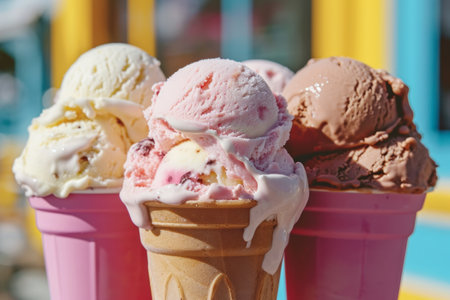 Three colorful ice cream cones with scoops of vanilla, strawberry, and chocolate, melting in bright sunlight.の素材