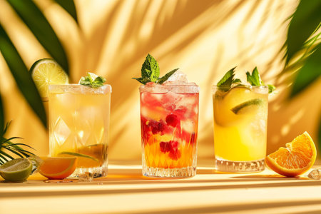 Three refreshing summer cocktails with fruit garnishes, against a tropical backdrop with palm shadows.の素材