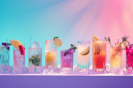 Colorful summer cocktails with fruits on a vibrant background with ice and light effects.の素材