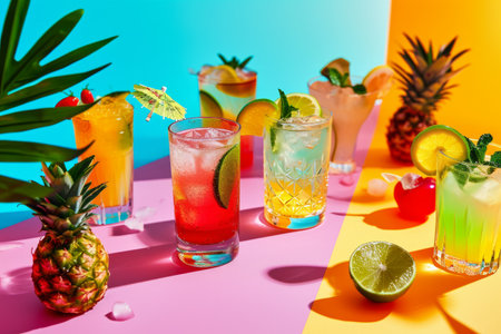 Colorful cocktails with fruit garnishes backlit by warm sunlight, ideal for summer beverage themes.の素材